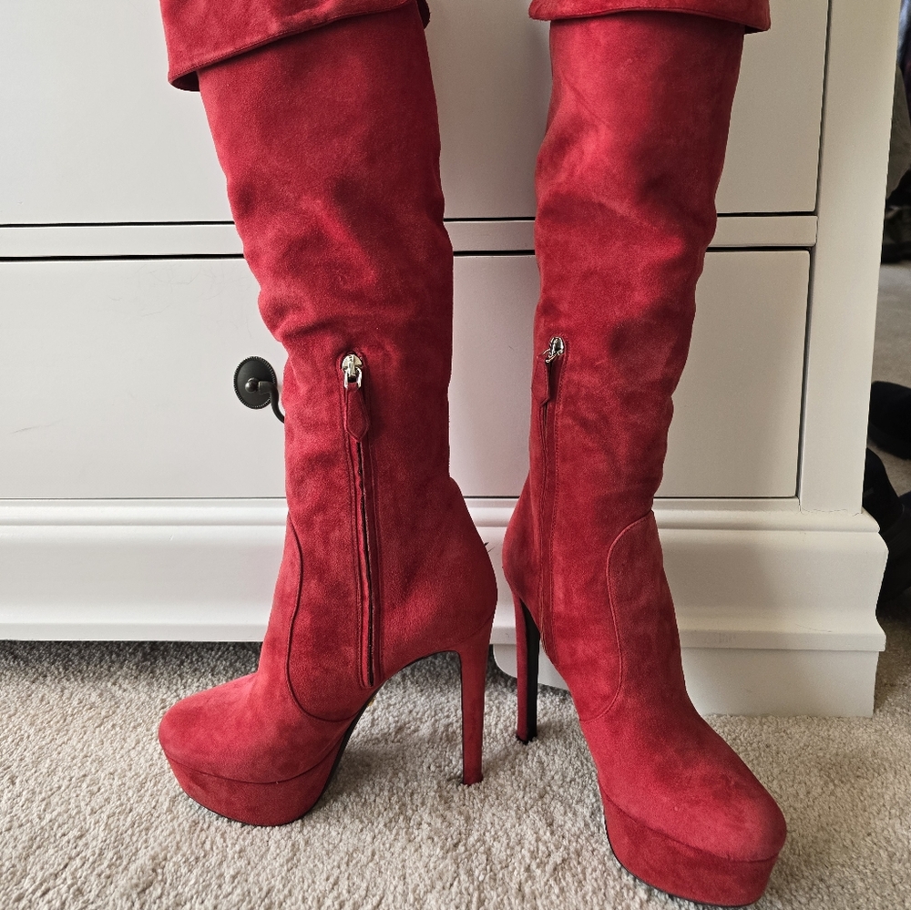 ❤️ PRADA Red Suede Platform Over the Knee Boots  5, 35 ❤️